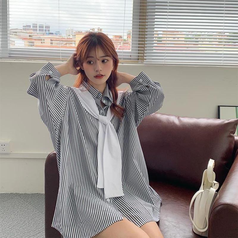 

Полосатая рубашка для женщин весна осень ретро свободная средняя и длинная студенческая рубашка с длинными рукавами топ тренд 2XL