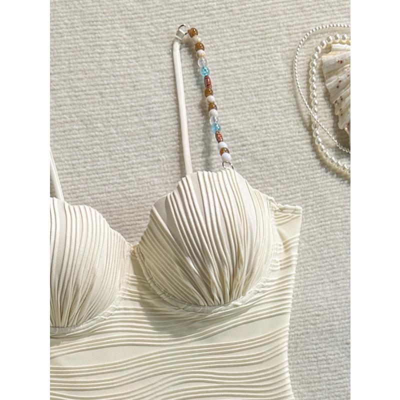 Vintage Beaded Hard Cup Padded One Piece Swimsuit For Women Solid Bathing Swimwear