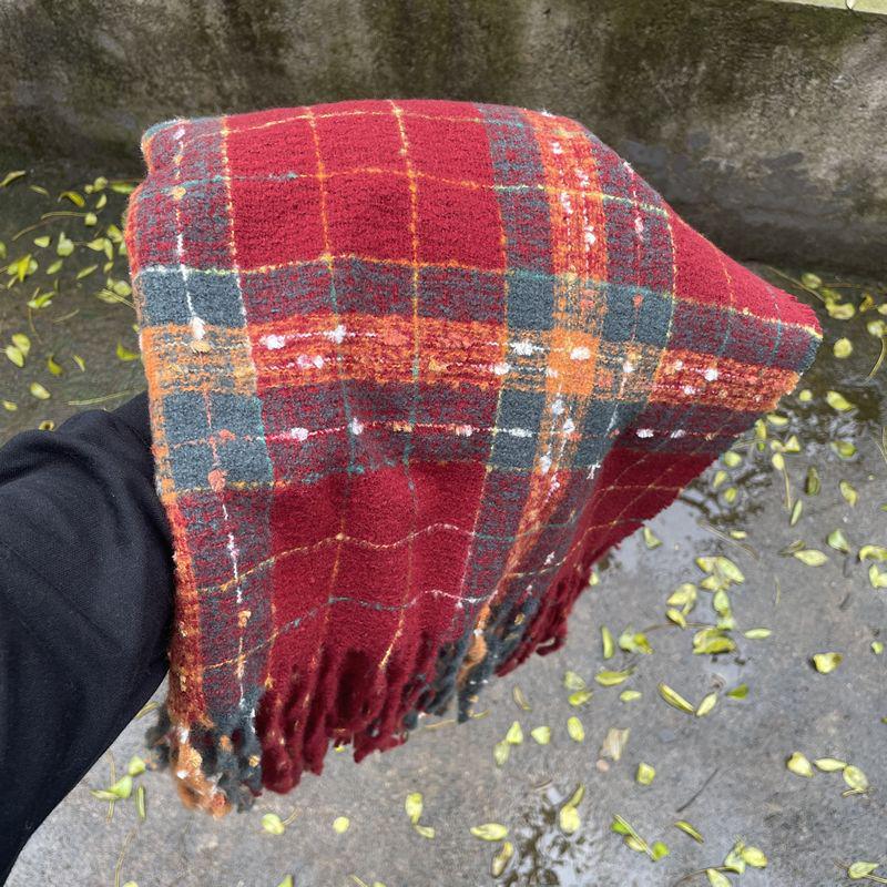 Women's Red Plaid Cashmere-Like Scarf Shawl - Warm, Versatile, Fashionable for Autumn and Winter