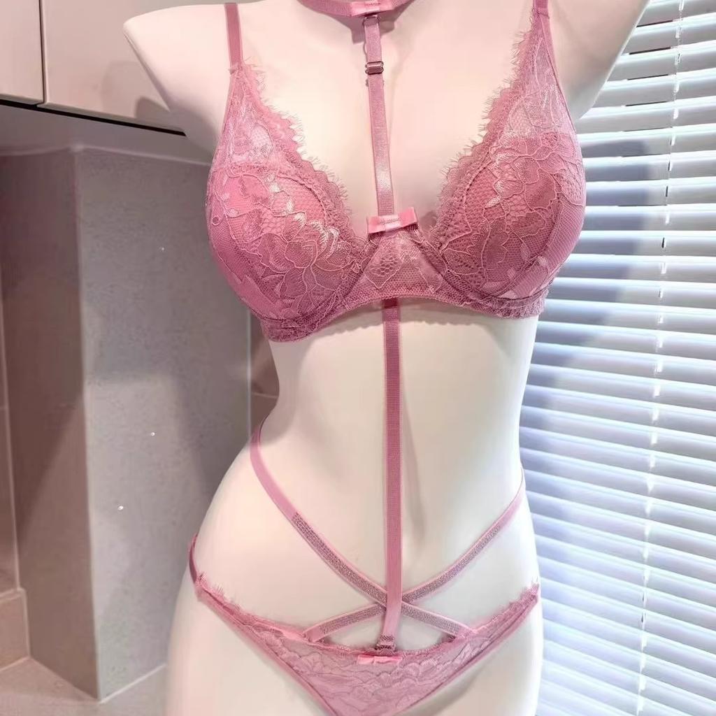 Pink Halter Neck Lace Bra Set Sweetheart Sexy Underwire Push Up Full Coverage Women Bralette
