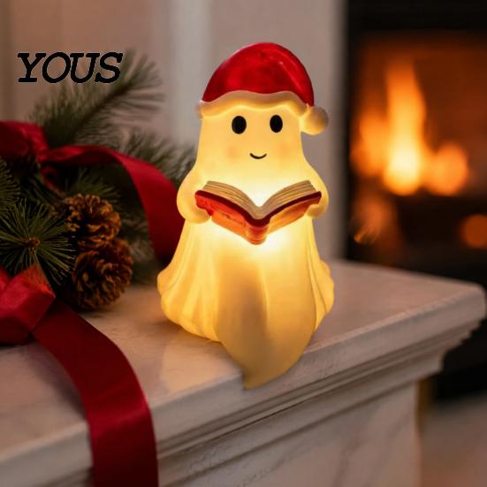 Cute Resin Ghost Figurine Reading Book Lamp, Christmas with Santa Hat, Atmosphere Night Lamp Warm Lighted Halloween Light for Bedroom, Shelf, Tabletop