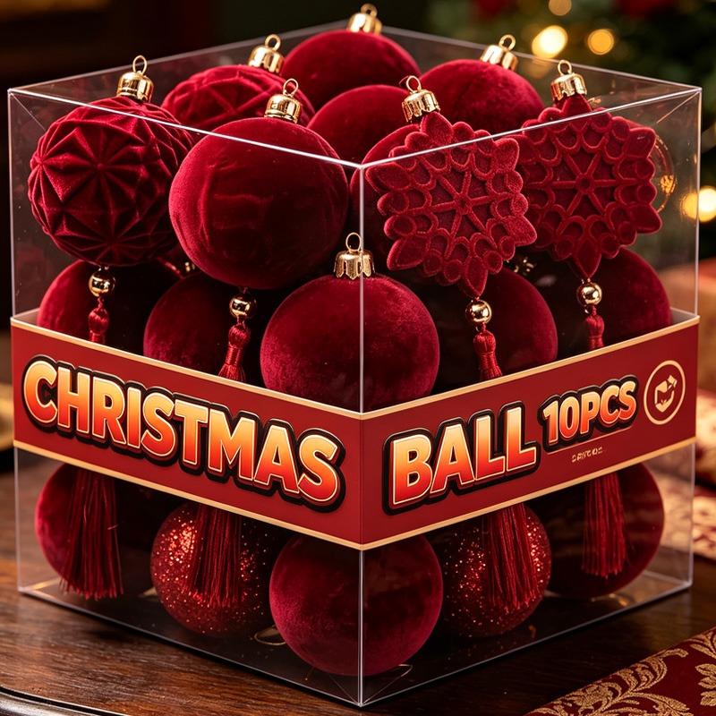 1/10x Burgundy Christmas Ball Elegant Tassel Hanging Ornament Flocked Christmas Ball Pendant Snowflake Shape Party Decoration