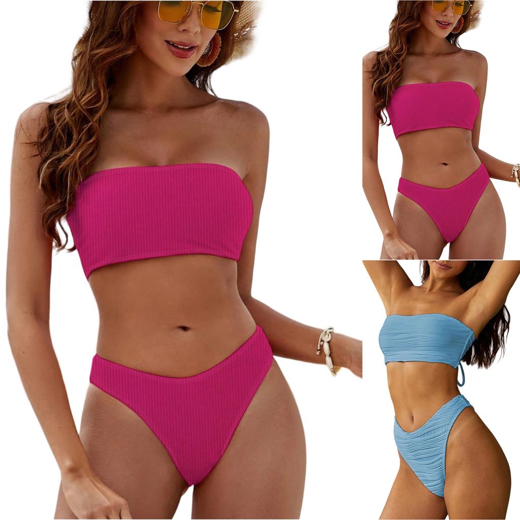 Women's Two Piece Bikini Swimsuit Ribbed Bandeau Top High Cut Bottom Sporty Style Swimwear for Beach Pool