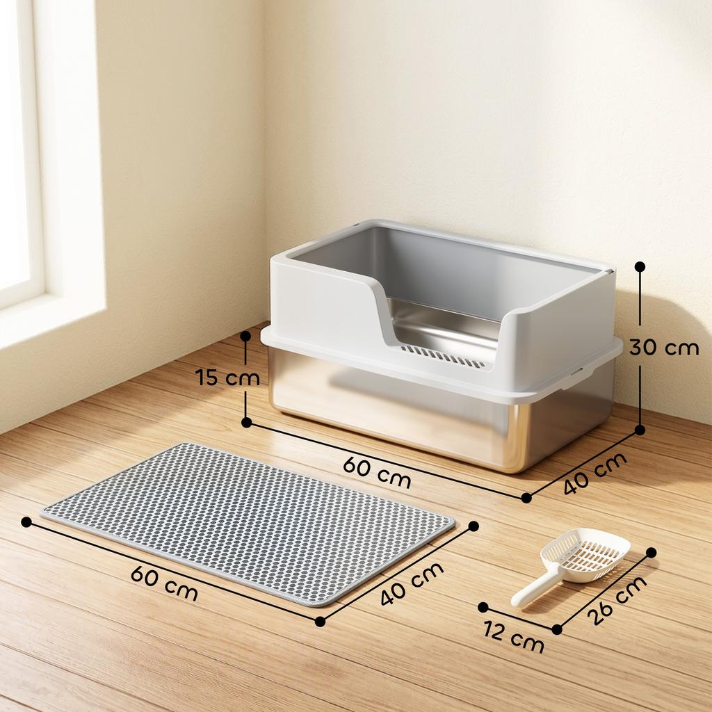 XL Stainless Steel Cat Litter Tray with Lid Up To 8 Kg Light Grey
