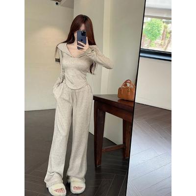 Sports and Leisure Two-piece Hoodie Coat Women's Sweet Elegant Casual Slim Sets Spring Wide Leg Trousers New Fashion Suit