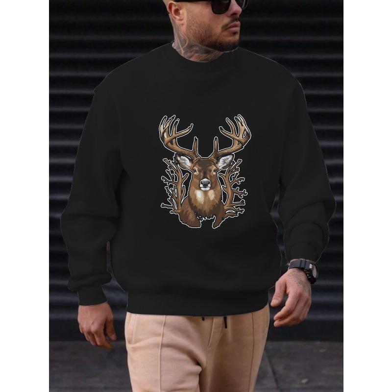 Men's Deer Head Pattern Casual Crew Neck Sweatshirt 100% Cotton Printed Long-Sleeve Crew Neck Pullover