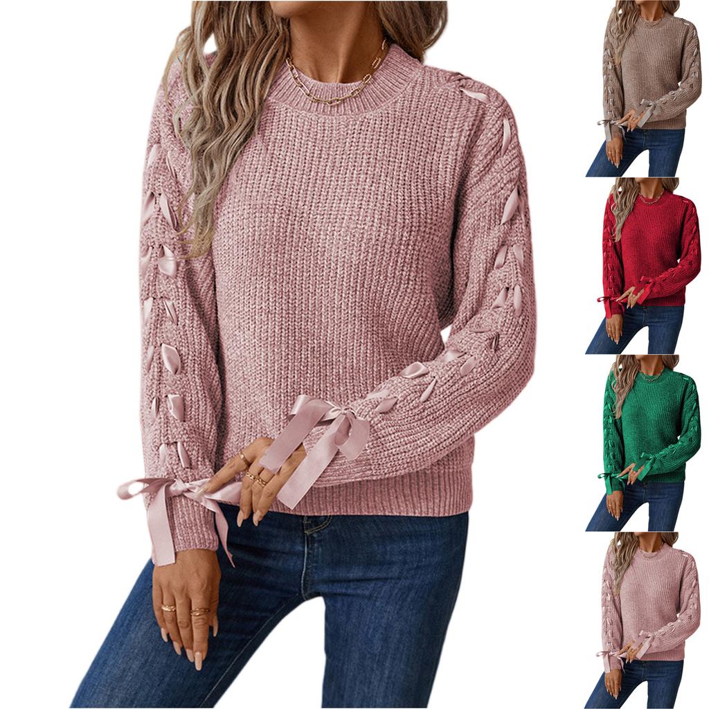 Women's Fashion Casual Pullover Loose Bowknot Solid Color Knitted Long Sleeve Sweater
