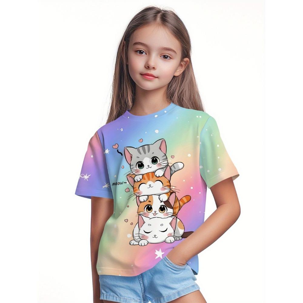 Girls' clothing 3D printed children's T-shirt round neck girls' short sleeved T-shirt comfortable children's clothing