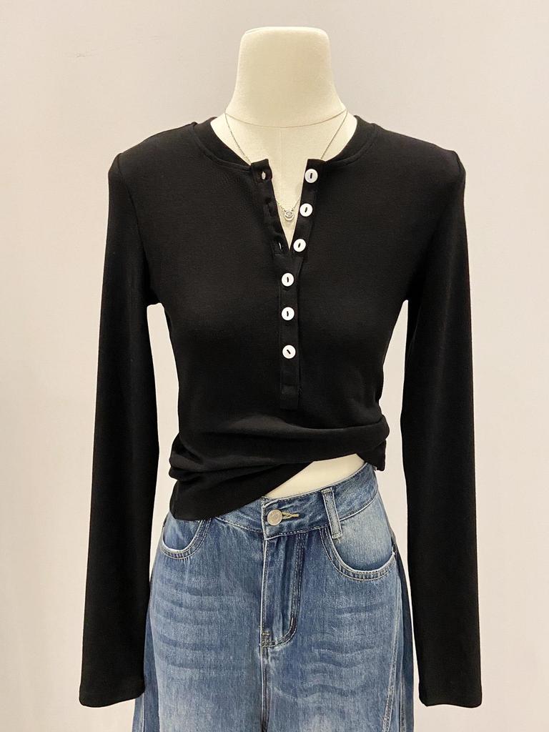 Women's Slim Fit Long Sleeve Henley Collar Mousse Cashmere Top for Spring/Autumn