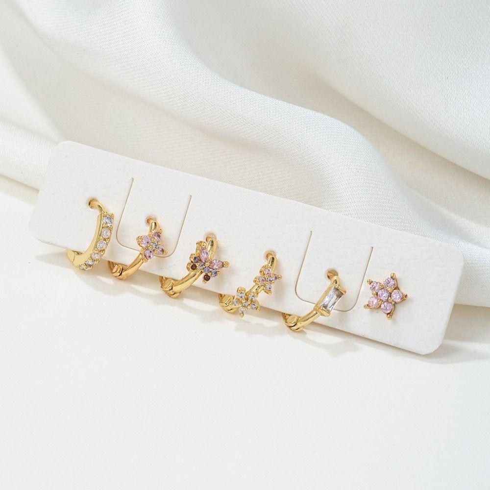 6Pcs Copper Flower Butterfly Earrings Hook Piercing Crystal Ear Studs Zircon Earring Set  Ladies