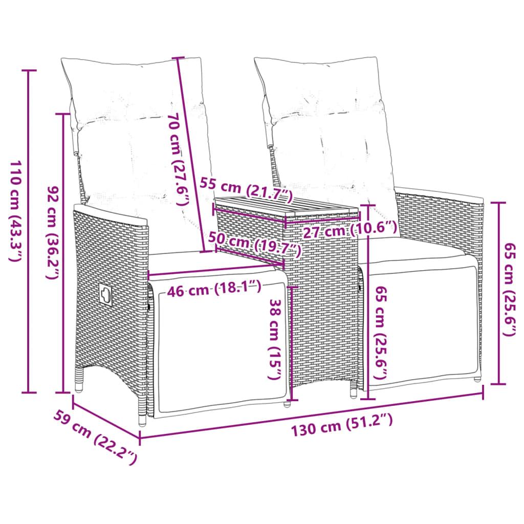 Garden Sofa 2 Seater Adjustable with Table Black Poly Rattan