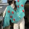 Cute gentle pink sweater cardigan women's spring and autumn sweet wind strawberry loose knitted jacket V-neck short top