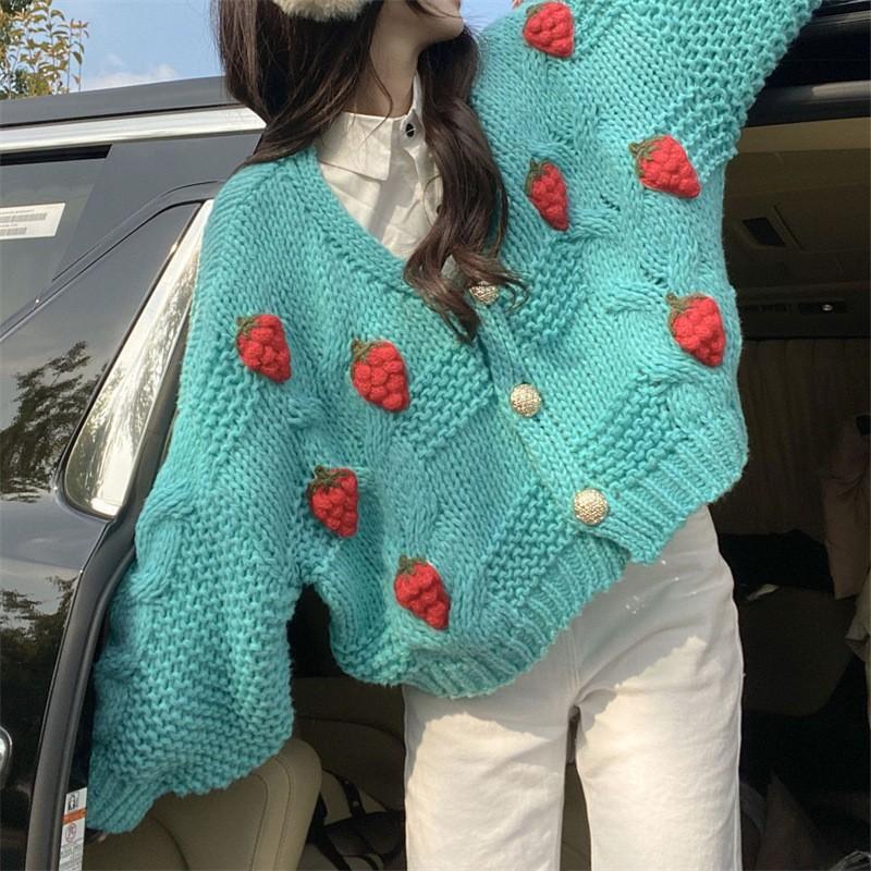 Cute gentle pink sweater cardigan women's spring and autumn sweet wind strawberry loose knitted jacket V-neck short top