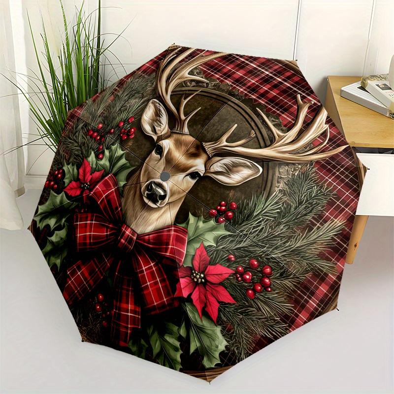 

Christmas Deer Wreath with Plaid Bow Coaster Set of 4 Umbrella, Cute Umbrella with Cute Design, Portable 3-Fold Compact Umbrella for Men & Women, Vale