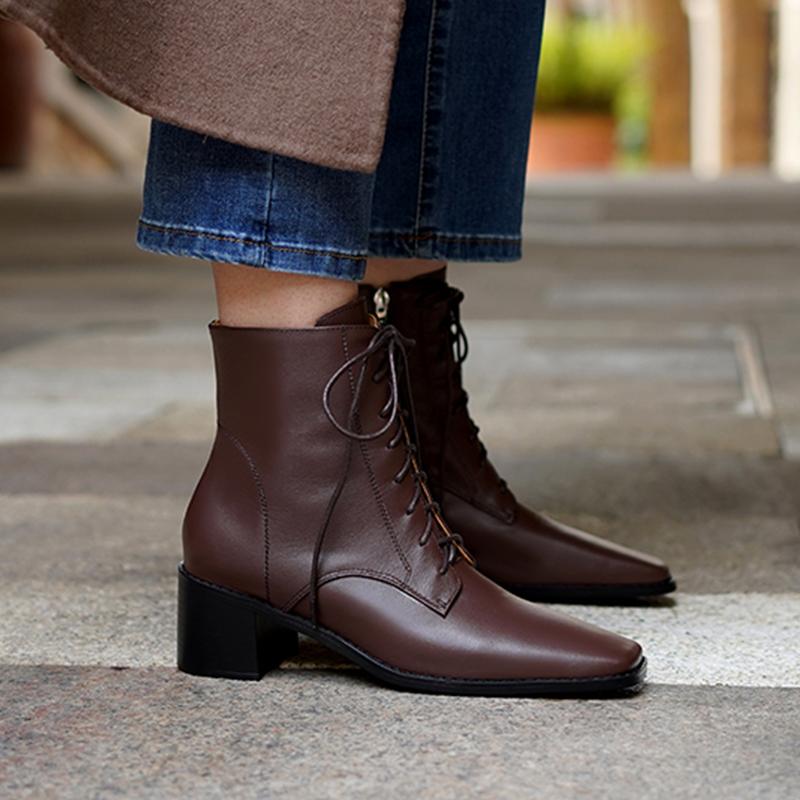 Fashion 2025 New Women Shoes Genuine Leather Ankle Boots Lace-up Thick Heels Motorcycle Boots Square Toe Warm Short Street Fashion Boots