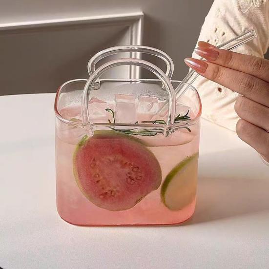 Tazza in Vetro a Forma di Borsa 750ml Trasparente Tumbler Creativo per Succo Cocktail Caffè Freddo Carina Borsa in Vetro Acquario Decorativo Vasi a Forma di Borsa per Festa