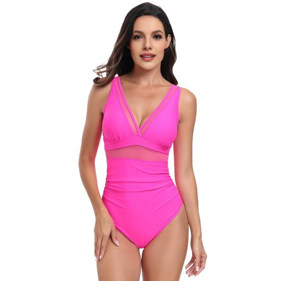 Traje de baño de una pieza con escote en V profundo, sin mangas, con control de abdomen, malla adelgazante transparente para mujer