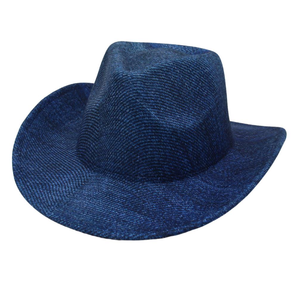 Zniekształcone Rondo Niebieski Kowbojski Kapelusz Western Tekstura Przystojny Brytyjski Kapelusz Jazzowy Styl Retro Cylinder Męski i Damski