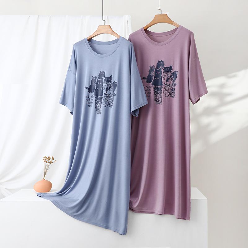 Korean Style Cat Print Slimming Plus Size Casual Home Dress for Women