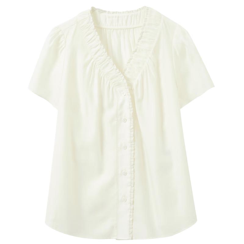 SanCai Women s V-Neck Loose Acetate Short-Sleeve Blouse L