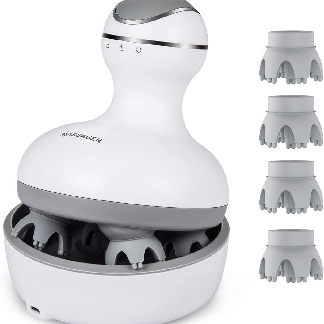 

LATME scalp massager with 4 replacement massage heads, portable head scraper with tissue kneading nodes