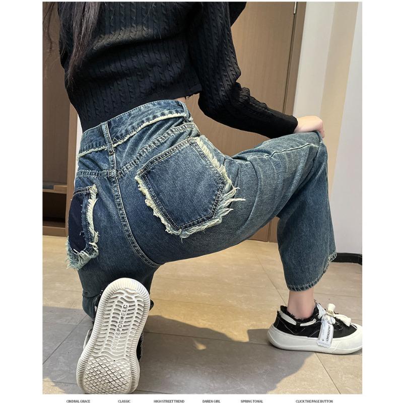 Dámské volné kapesní džíny s vysokým pasem rovného barevného bloku