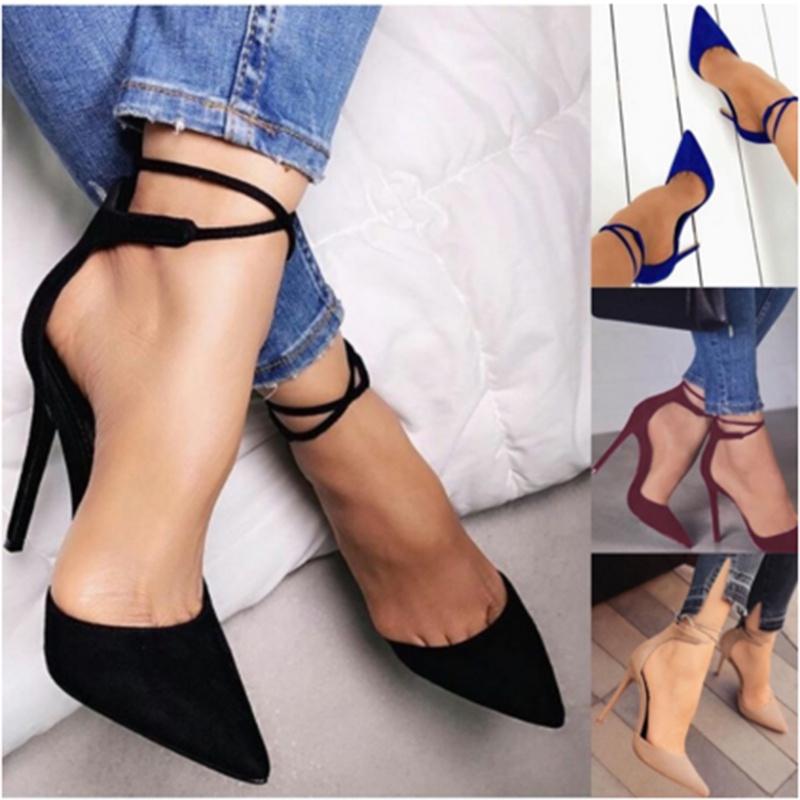 Elegant Women Fashion Suede High Heeled Sandals With Pointed Toe And Bandage Design