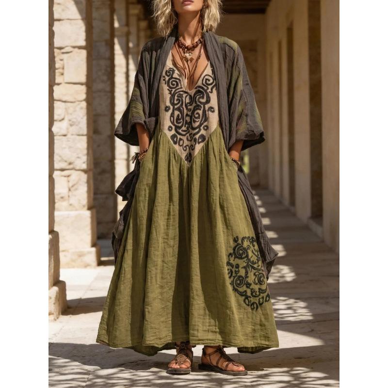 New Bohemian V-neck Printed Long Dress Loose Sunscreen Blouse Seaside Vacation Beach Dress