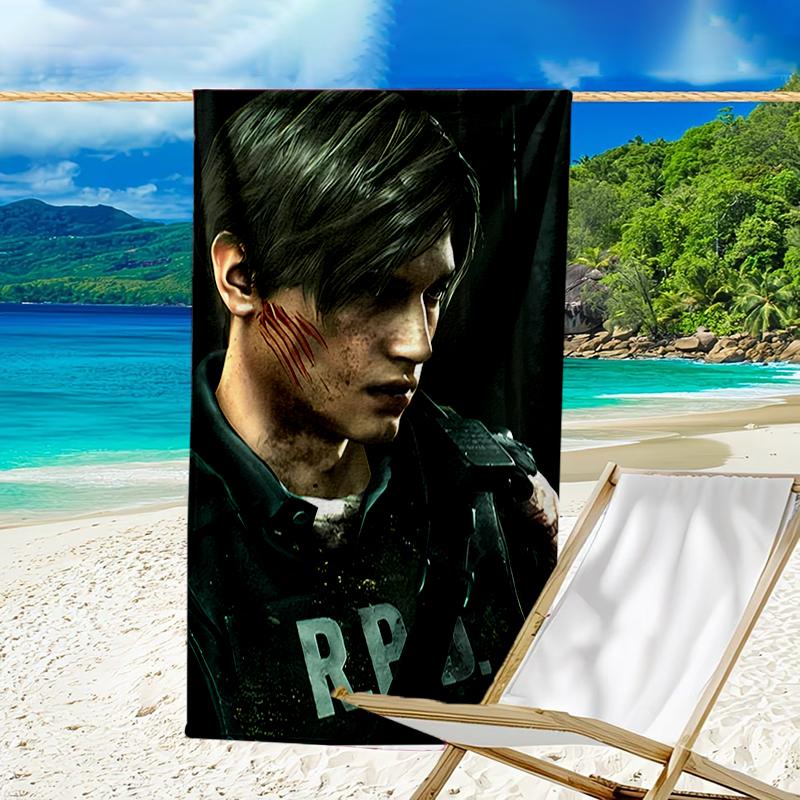 proof beach towel with a Resident Evil Leon S. Kennedy2 pattern - soft,absorbent,quick-drying,machine washable - perfect for swimming,camping,bathing