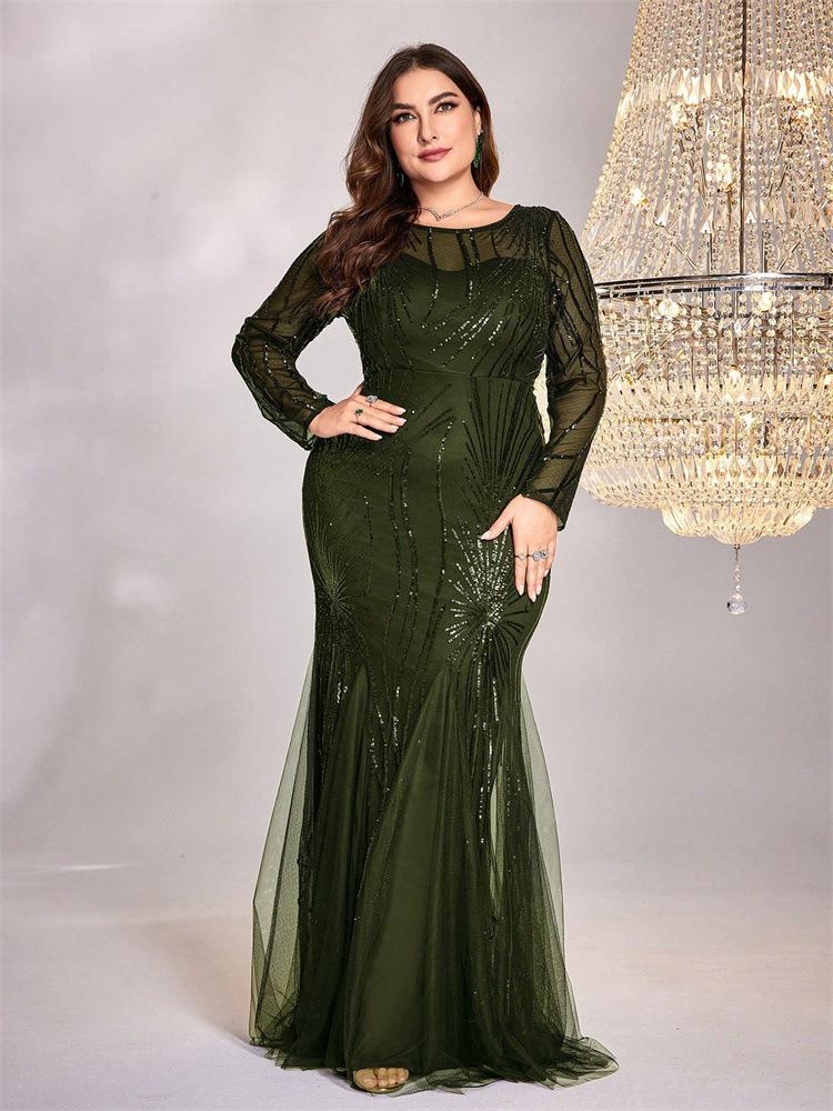 Plus Size Sequined Mermaid Bridesmaid Gown - Elegant Slim Fit with Round Neck for Evening or Banquet