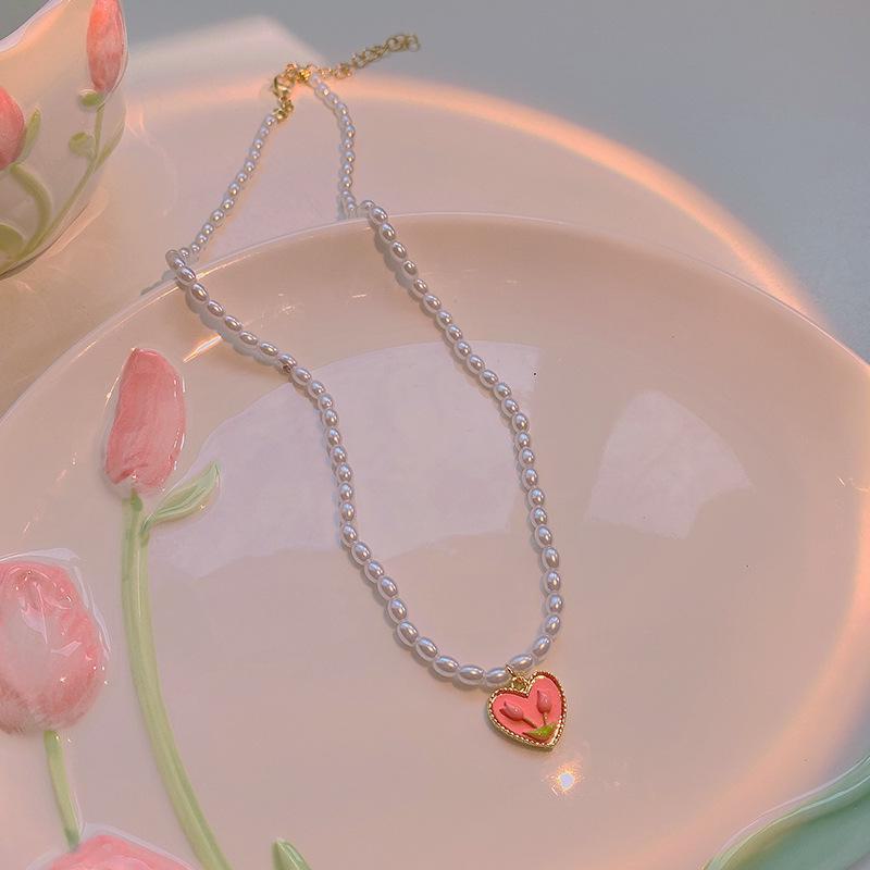 S925 Silver Needle Cute Pink Tulip Earrings & Fresh Versatile Pearl Necklace