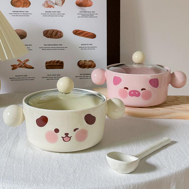 Korean Cute Ceramic Instant Noodle Bowl with Lid Instant Noodle Bowl for Student Dormitory Snail Powder Personal Bowl