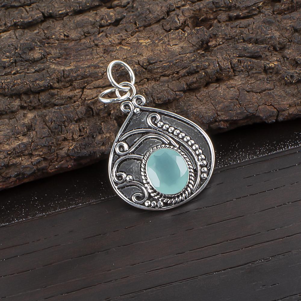 

Aqua Chalcedony Handmade Pendant Gemstone Jewelry, 925 Solid Sterling Silver Pendant Unique Design Jewelry, For Women 1.45 Inches синий