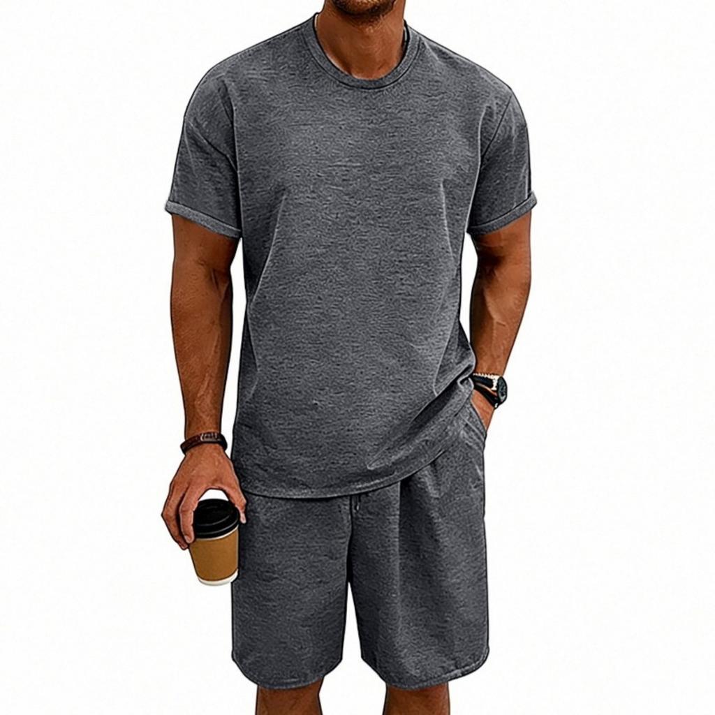 Men's Color Sports Casual Round Neck Short Sleeve Shorts Set