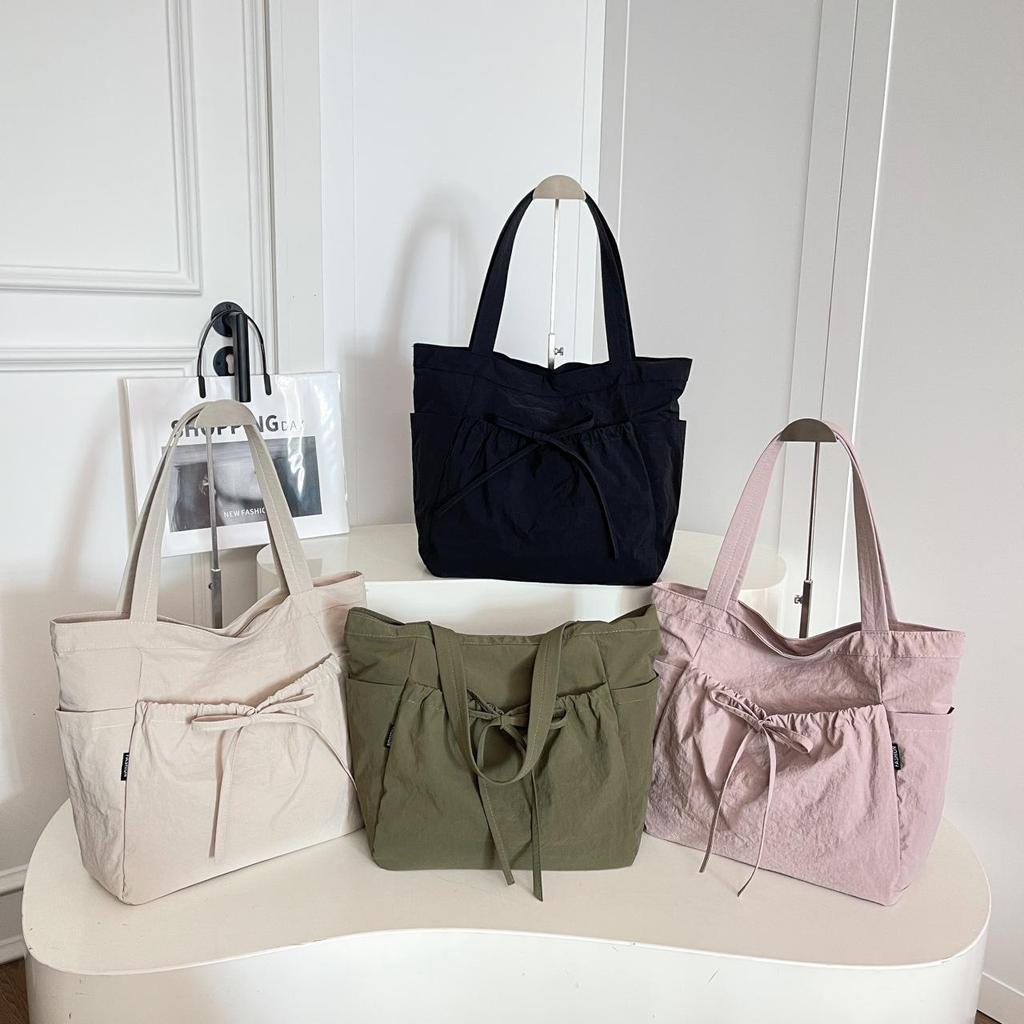 Fashionable Canvas Shoulder Handbag with Bow Accent and Wrinkled Texture – Large Capacity Tote/School Bag