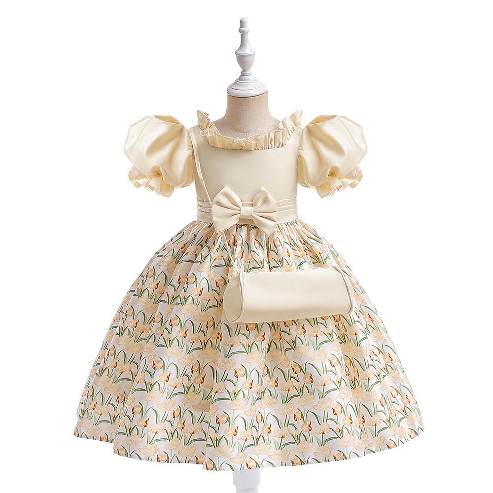 

New Puff Sleeve Pleated Princess Flower Girl Dress for Wedding and Formal Events 120cm=5Y