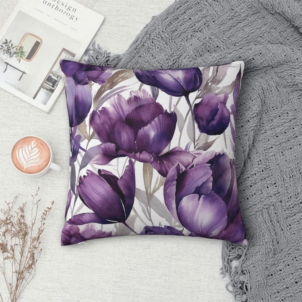 Purple Blooms Square Pillowcase Polyester Linen Velvet Pattern Zip Decor Throw Pillow Case Home Cushion Cover 18"