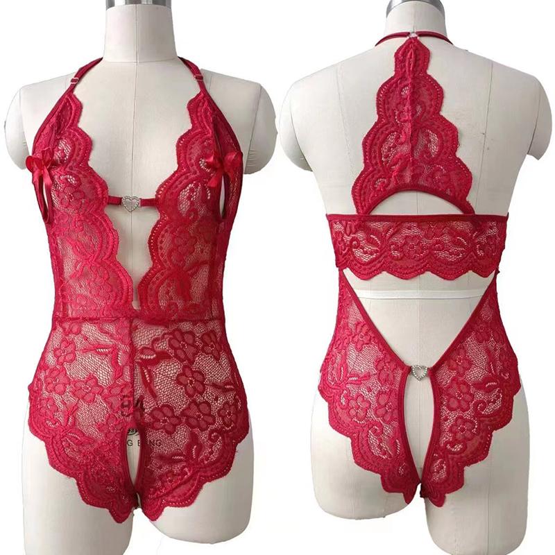 Wine Red Erotic Crotchless Lingeries For Women Hollow Bra Set Sexy Deep V Open Bra Teddy Baby Doll Dress Plus Size Underwear Set