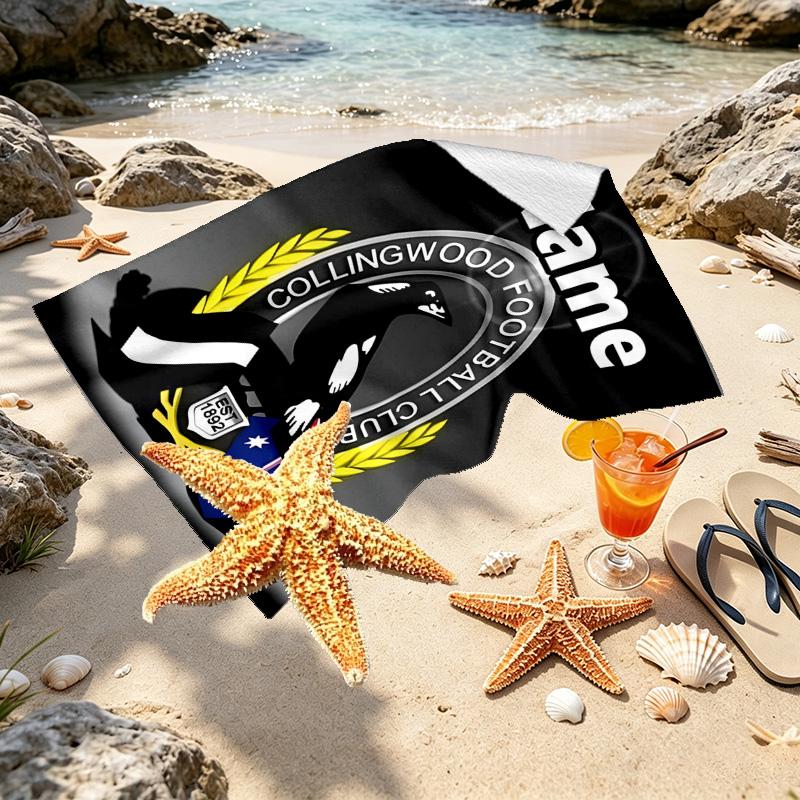 Personalisierbares Strandtuch mit individuellem Namen und Collingwood Magpies Print, für Reise, Camping, Strandparty, Heimdekoration, Geburtstagsgeschenk für Familie & Freunde