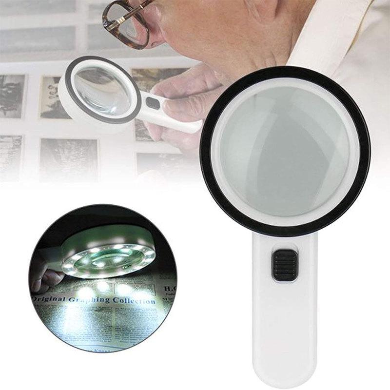 30x Handheld Reading Magnifier with 12 LED Lights - High Magnification Double Lens for Elderly Use