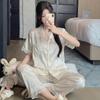 French high-end lace bow jacquard ice silk pajamas women's summer new short-sleeved trousers loungewear