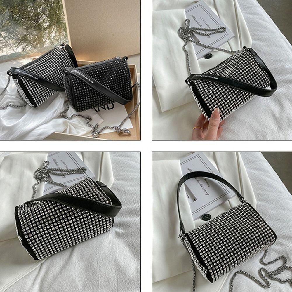 Large Capacity Small Square Bag Zipper Chain Shoulder Bag Personality Rhinestone Handbag  Party