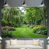 A large-scale garden flower mural covering one square meter - a beautiful background with green trees