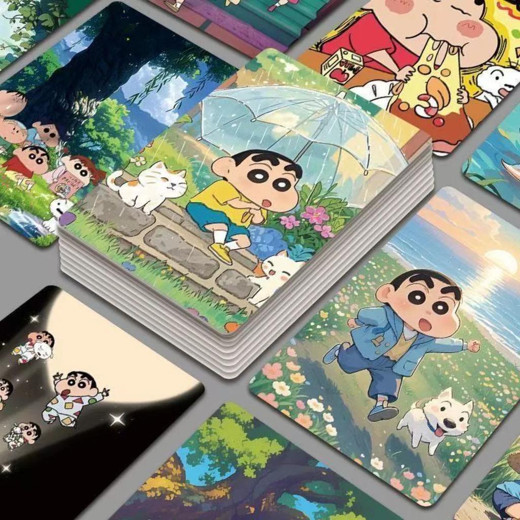 Crayon Shin Chan Anime Figures Cartoon Game Card Double Sided Laser Peripheral Cards Box Of 55 Unique Lomo Flash Cards Toys Gift