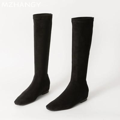 Women Suede High Boots Flats Square Toe Shoes Woman 2025 Trend Chelsea Boots Winter Goth Walking New Mujer Snow Motorcycle Boots