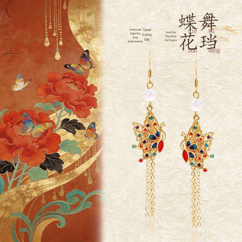 Ancient Gold Sterling Silver Earrings with Imitation Hetian Jade & Colorful Butterfly Tassels