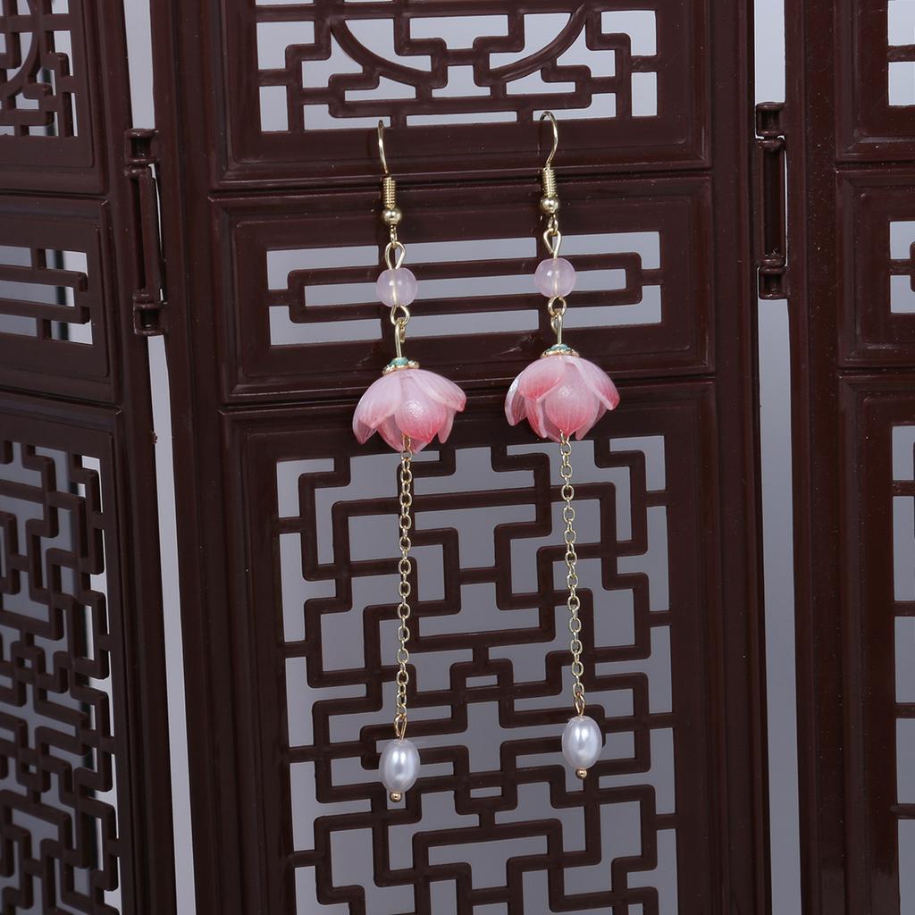 Retro High-End Lotus Earrings, Antique Temperament Asymmetric Lotus Leaf Pearl Fringed Chain Earrings