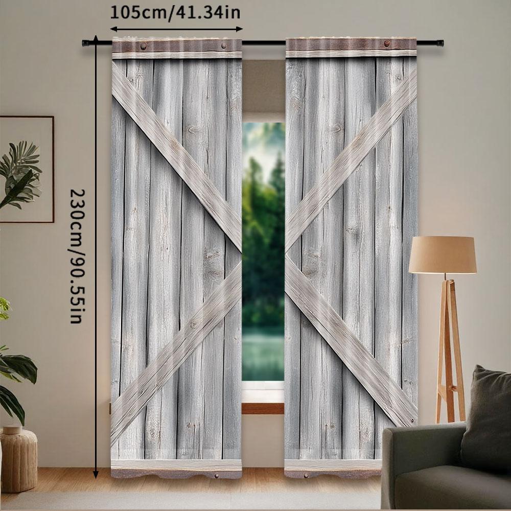 Set Of 2 Rustic Wooden Barn Door Western Country Theme Curtain Vintage Rural Farm House Window Curtains Modern Simplistic Drapes Polyester