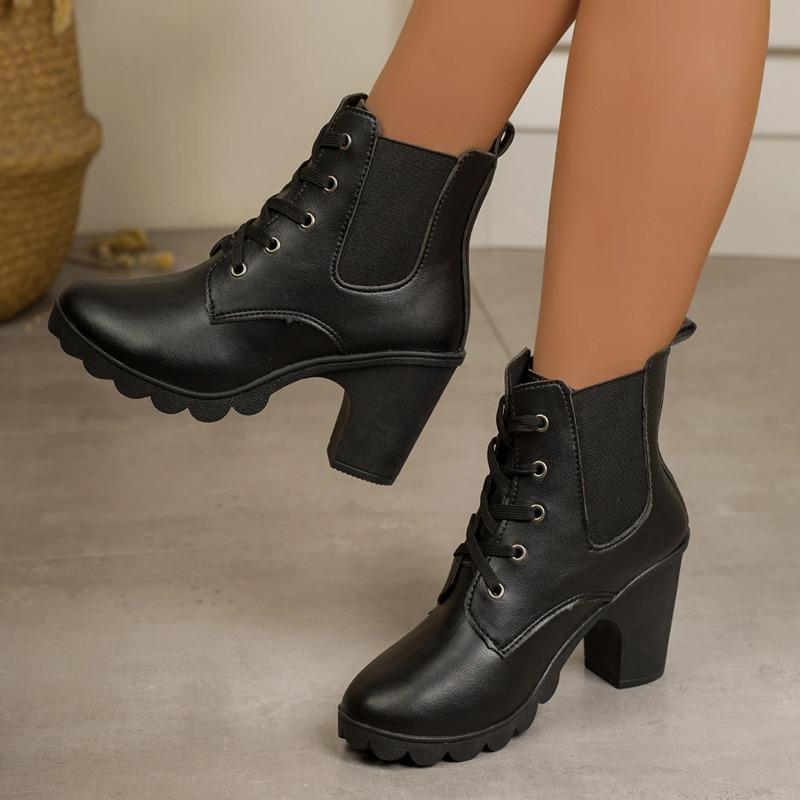 Sexy Lace Up High Heel Ankle Boots Women Autumn Fashion Black Round Toe Chelsea Boots Chunky Platform Women's Boots