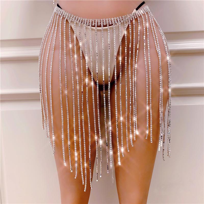 

Long Tassel Rhinestone Top Skirt Set, Nightclub Sexy Clothing Body Chain Body Chain Gold plated